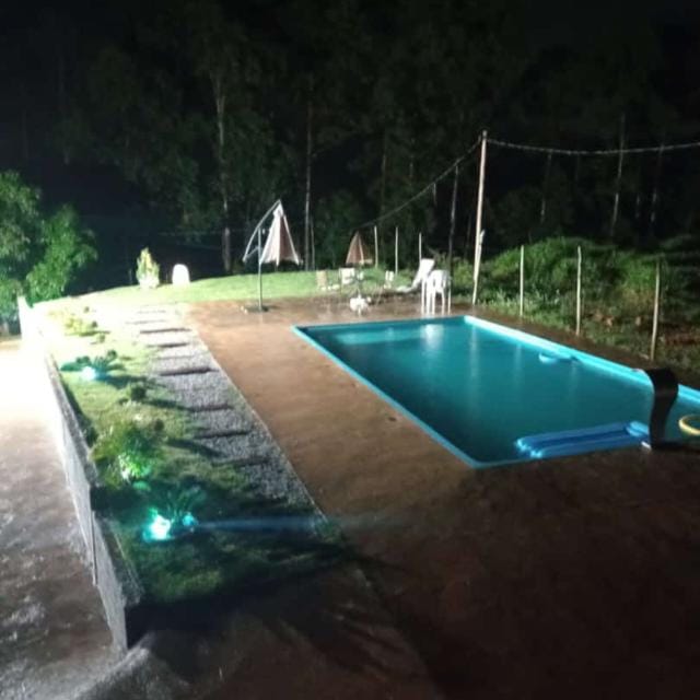 Piscina iluminada à noite com projeto de paisagismo